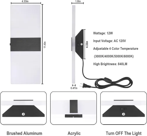 Miniatura 3 de TRLIFE Lámpara de pared LED moderna, ajustable 4 temperaturas de color 12W lámpara de pared moderna enchufe, luz de pared acrílica montada