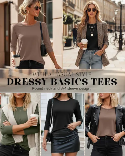 Miniatura 3 de Ficerd Paquete de 3 camisetas de manga 3/4 para mujer, cuello redondo, camisetas básicas elegantes, casuales, modernas, holgadas