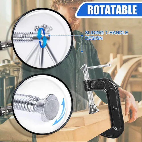 Miniatura 4 de 8 Pcs C Clamp 1 Inch Heavy Duty Steel C Clamp Set Cast Iron Frame Sliding T-Handle More Stability Massive Clamps for Woodworking, Welding, Building