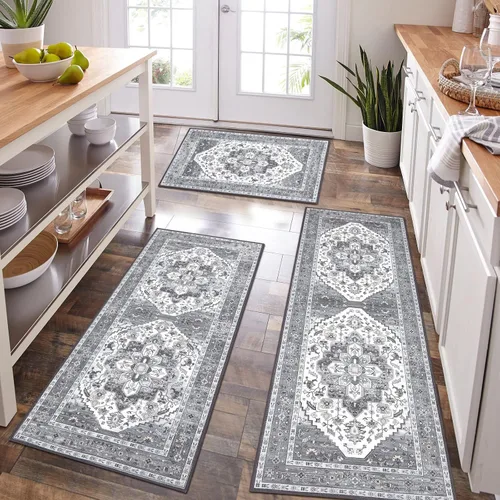 Miniatura 10 de HEBE - Juego de alfombras de cocina bohemias de 3 piezas con corredor, alfombras de cocina antideslizantes y tapetes lavables para piso de cocina