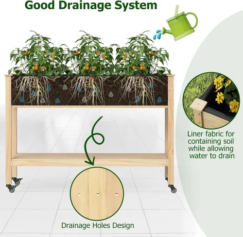Miniatura 5 de Giantex Cama de jardín elevada móvil, maceta de madera con ruedas, estante de almacenamiento y forro, cama elevada enrollable de 47 x 23 x 33