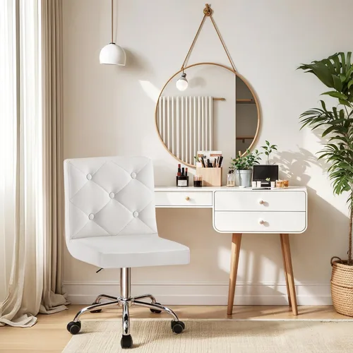 Miniatura 2 de VECELO Silla de tocador de piel sintética con respaldo medio sin brazos, altura ajustable, giratoria en 360°, para oficina en casa, color blanco
