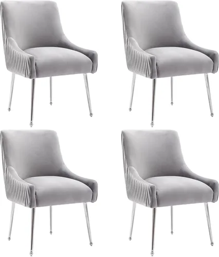 Miniatura 17 de Sillas de comedor de estilo moderno de terciopelo tapizado, silla de acento de tocador con barra vertical, silla capitonada con patas plateadas
