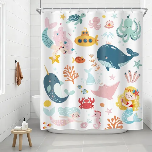 Miniatura 19 de Riyidecor Ocean - Cortina de ducha para niños, 60 pulgadas de ancho x 72 pulgadas de alto, diseño de ballena, dibujos animados, animales, delfín