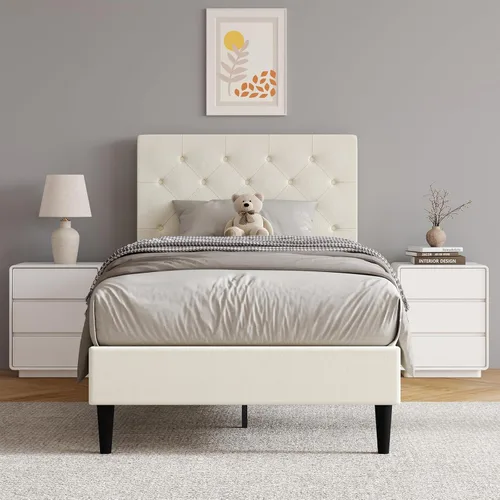Miniatura 18 de HOMBCK Marco de Cama Queen con Cabecera Capitoné con Botones, Marco de Cama de Plataforma Tapizada Azul, Tela Suave/Soporte de Listones de Madera/No