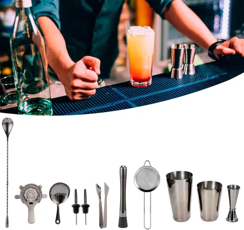 Miniatura 5 de Juego de coctelera de 11 piezas, kit de barman de acero inoxidable, kit de camarero para fiestas en casa y utensilios de bar (negro)