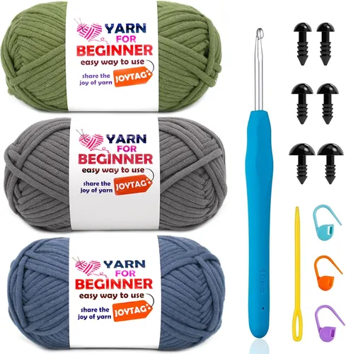 Paquete de 3 hilos de ganchillo de mezcla de algodón y nailon - azul, gris, verde - 3x50g - puntadas fáciles de ver - kit de ganchillo y tejido para