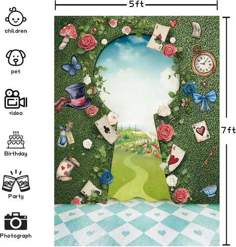 Miniatura 4 de Newsely Telón de Fondo Alicia en el País de las Maravillas para Fiesta de Té, Foto, 5Wx7H, Fotografía, Tablero de Ajedrez, Valla de Hierba Verde