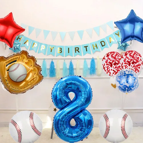 Miniatura 4 de Globos de béisbol de papel de aluminio para decoración de cumpleaños, globos con el número 8, globos de confeti de estrella roja y azul para Béisbol