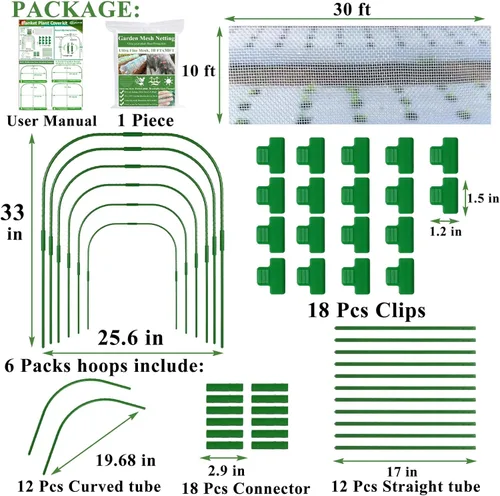 Miniatura 5 de Kit de red de malla para jardín, cubiertas para plantas de 10 x 30 pies, red de malla ultra fina y 6 aros de jardín y 18 clips, kit de red de jardín