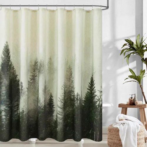 Miniatura 9 de ORTIGIA Cortina de ducha con diseño de bosque de montaña, tela de lino de mezcla pesada, árbol natural negro, cortina de baño de bosque brumoso, 60