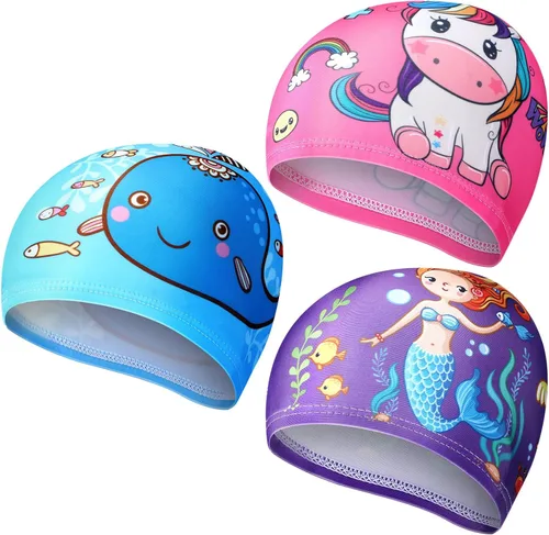 Miniatura 17 de Geyoga 3 piezas de gorras de natación para niños y niñas, gorras de natación para niños de 2 a 12 años, gorro de natación para piscina, gorro de Azul