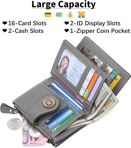 Miniatura 71 de SENDEFN - Billetera pequeña de piel auténtica para mujer, diseño plegable con ventana para tarjeta de identificación