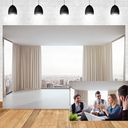 5 x 3 pies, ventana francesa, vista de fondo, paisaje de la ciudad, interior moderno, cortinas blancas para habitación, fotografía, telón de fondo