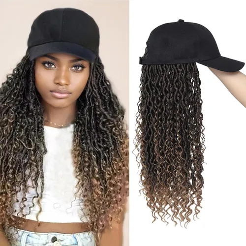 Miniatura 15 de Gorra con peluca para mujeres con gorra de béisbol y cabello trenzado adjunto, peluca de trenzas negras sintéticas, gorra ajustable con trenzas