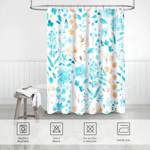 Miniatura 7 de MAYZUS Cortina de ducha con flores azules acuáticas, lindas cortinas de tela con flores para baño, juego de cortinas de tela de aguamarina