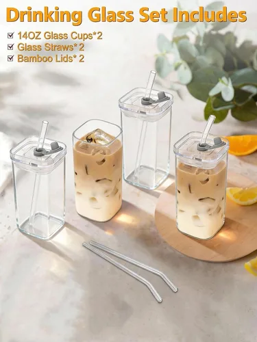 Miniatura 2 de 2 tazas de café cuadradas con tapas y pajitas, vasos de 14 onzas, reutilizables, resistentes al calor, resistentes al calor, para café, leche, jugo