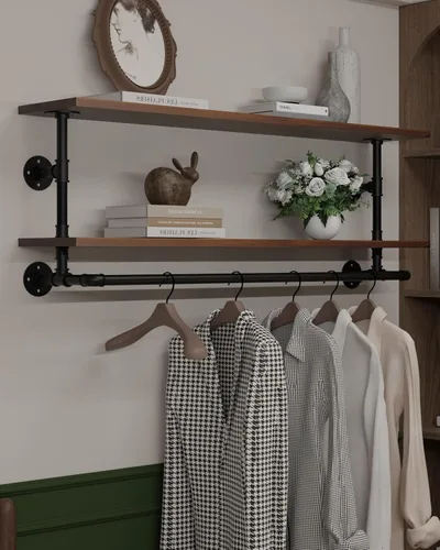 Miniatura 19 de Perchero negro de 36 pulgadas, perchero montado en la pared con estante de madera real negra, perchero colgante resistente, barra para colgar