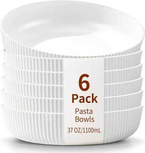 HOMQUEN Juego de 6 cuencos para pasta, cuencos de ensalada de 37 onzas, cuencos de sopa blancos, cuencos grandes para servir pasta, cuencos de cena