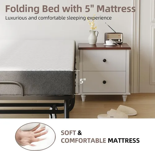 Miniatura 3 de CAIYUN Cama Plegable con Colchón y Cubierta de Almacenamiento - Marco Tamaño Twin de 75"x38", Cama de Huéspedes Rodante Portátil con Colchón