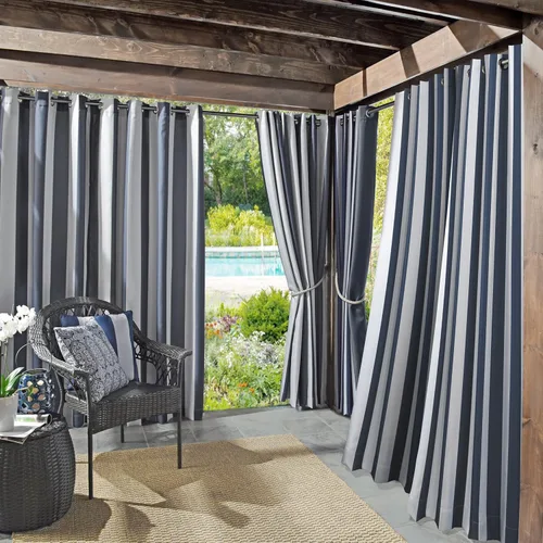 Miniatura 13 de Par de paneles de cortina con ojales Sun Zero Valencia estilo cabaña a rayas para interior/exterior con protección UV y eficiencia energética