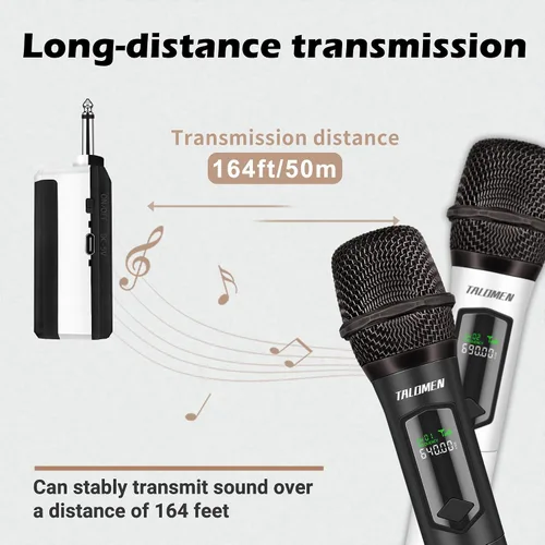 Miniatura 6 de talomen Micrófonos inalámbricos, micrófono dual profesional de karaoke para cantar, sistema de micrófono dinámico inalámbrico de mano con receptor
