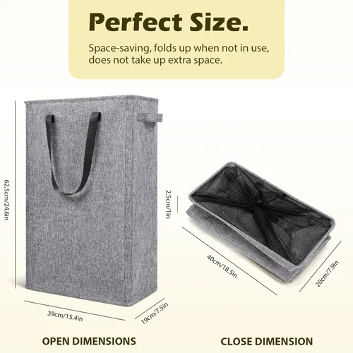 Miniatura 2 de Odonata Cesta de lavandería delgada con asas, cesta plegable para ropa sucia, bolsa de ropa sucia estrecha, cesta plegable para ropa sucia, 45 Gris