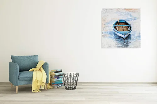 Miniatura 5 de YHSKY ARTS Lienzo decorativo para pared de bote de remos azul sereno: calma costera para la decoración de tu hogar