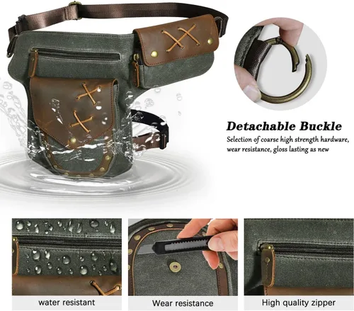 Miniatura 5 de Handadsume Lona resistente al agua más cuero motocicleta riñonera un hombro gota pierna muslo bolsa para hombres mujeres N211-8, El Verde Ejército
