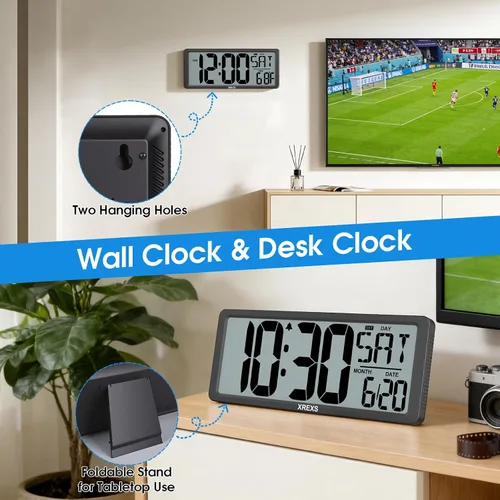 Miniatura 7 de XREXS Reloj de pared digital grande, funciona con pilas despertadores para decoración del hogar, temporizador de cuenta arriba y abajo, pantalla LCD