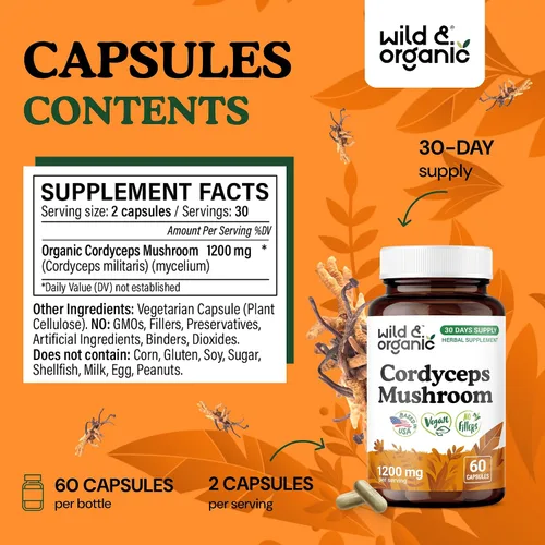 Miniatura 3 de Wild & Organic Cordyceps Cápsulas de hongos de 1200 mg - Apoyo inmunológico - Suplemento en polvo de hongos Cordyceps - Extracto de micelio puro