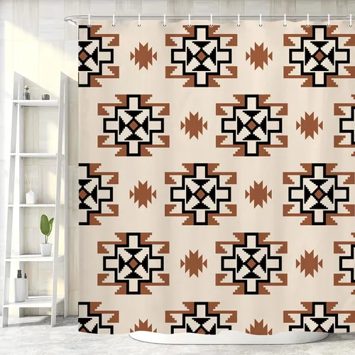 Cortina de ducha occidental azteca, cortinas de baño vintage con patrón geométrico abstracto del suroeste, juego de cortinas de baño impermeables de