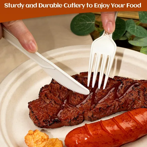 Miniatura 7 de Juego de platos de papel compostable para 50 invitados, juego de platos y utensilios desechables resistentes con platos de 9 y 7 pulgadas