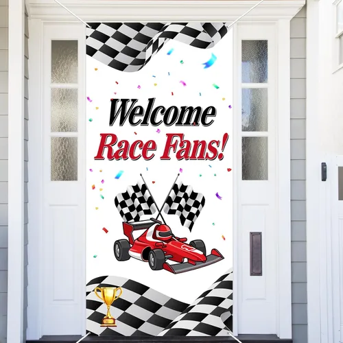 Decoración temática de bienvenida para fanáticos de carreras de coches de carreras de cumpleaños para cabina de fotos, telón de fondo, trofeo,