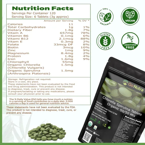 Miniatura 6 de Go Nutra Comprimidos orgánicos de espirulina Chlorella mezcla 50/50 Superalimento denso en nutrientes – Proteína vegana, clorofila, enzimas 500