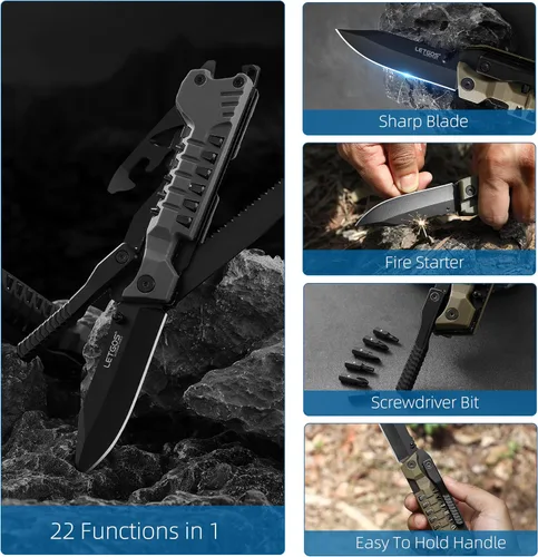 Miniatura 3 de Cuchillo multibolsillo, 22 en 1, herramientas EDC de equipo de supervivencia con funda de nailon, emergencia, campamento, senderismo, caza, regalo