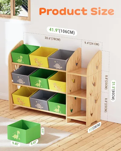 Miniatura 2 de Organizador de almacenamiento de juguetes con 3 estantes y 9 contenedores, estantería de dinosaurio verde para niños, sala de juegos, estante