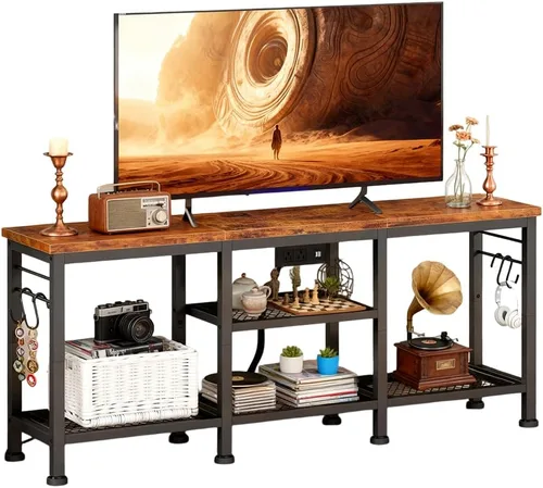 Miniatura 6 de LUCKLIFE Soporte de TV con estación de carga para televisores de hasta 55 pulgadas, centro de entretenimiento de madera rústica con estantes