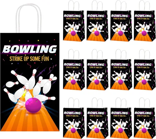 Paquete de 12 bolsas de regalo con diseño de boliche para fiestas, bolsas de golosinas con mango para fiesta de cumpleaños con temática de boliche,