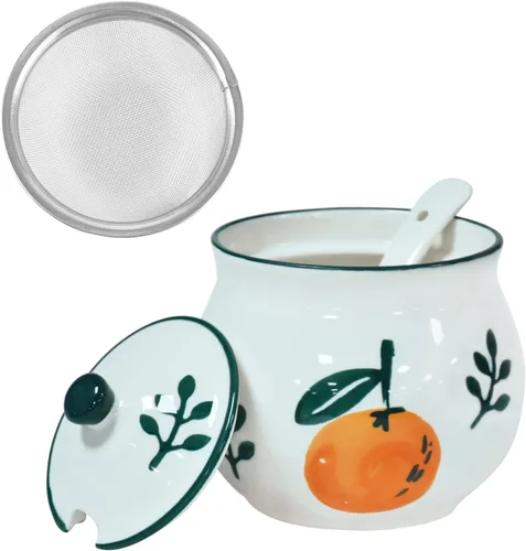 Miniatura 9 de Koythin Recipiente de grasa de tocino de cerámica con colador, 23 onzas, adecuado para almacenar aceite de freír y grasa de cocina (cian y naranja)