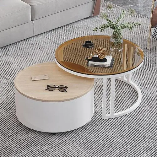 Miniatura 9 de Couchtisch Rund 2er Set, Kreativer Runder Couchtisch Aus Glas mit Metallrahmen, Mit Stauraum für Kleine Räume Wohnzimmer Schlafzimmer Balkone mit B