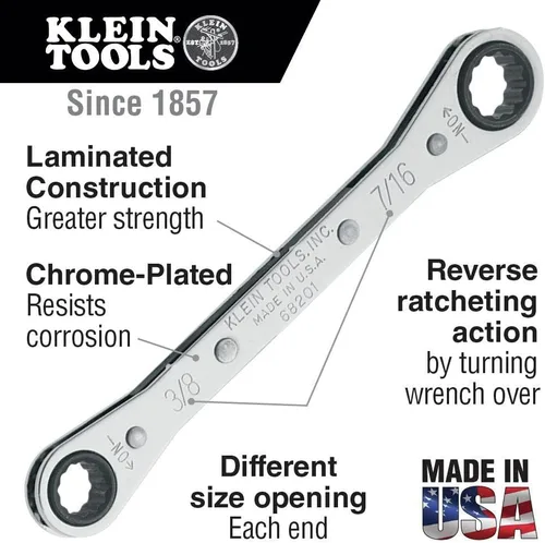 Miniatura 2 de KLEIN TOOLS 68202 Llave de caja de trinquete, fabricada en EE. UU., 1/2 pulgadas x 9/16 pulgadas con trinquete inverso y acabado cromado