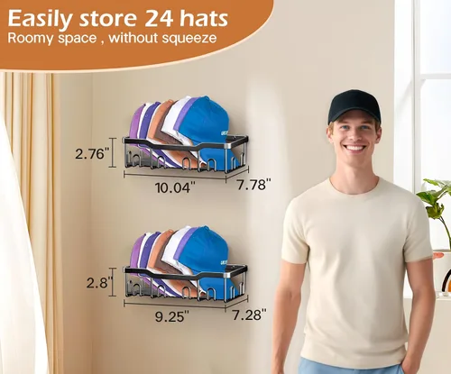 Miniatura 4 de KEETDY Percheros de metal para gorras de béisbol, organizador de sombreros de pared para 24 gorras, 2 paquetes de organizador resistente de Negro