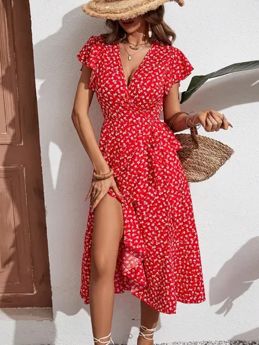 Miniatura 3 de WDIRARA Vestido midi cruzado de cintura alta con cuello en V y estampado floral para mujer