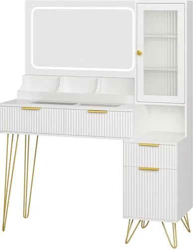 Miniatura 7 de Escritorio de tocador de 43 pulgadas con espejo y luces, mesa de tocador de maquillaje con 4 cajones, tocador blanco para dormitorio, escritorio