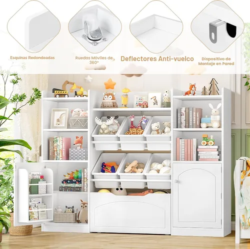 Miniatura 8 de FINETONES Organizador de almacenamiento de juguetes de 55 pulgadas con 6 contenedores de juguetes, estantería grande 5 en 1 para niños con cofres