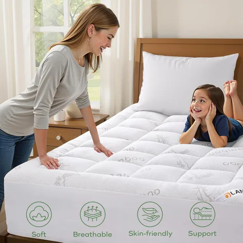 Miniatura 8 de OLANLY Cubrecolchón Tamaño King – Viscosa hecha de bambú, colchón refrescante suave con funda de almohada tamaño King para aliviar el dolor de Blanco