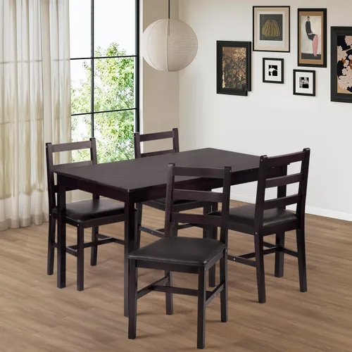 Miniatura 2 de FDW Juego de mesa de comedor de madera maciza de 5 piezas para 4 Marrón Mesa de cocina de pino con sillas tapizadas Diseño que ahorra
