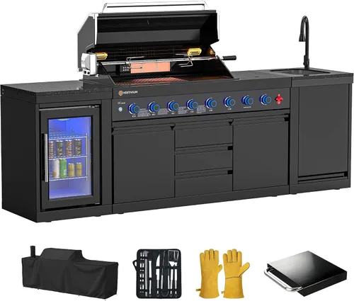 Miniatura 8 de Isla de cocina modular para exteriores, 4 parrillas de gas natural y quemador lateral, estación de barbacoa de 75300 BTU con refrigerador