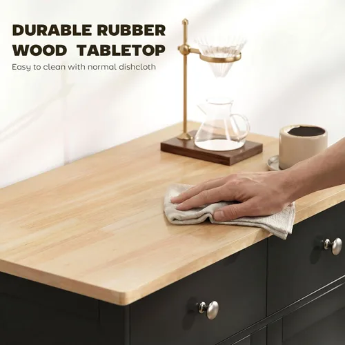 Miniatura 5 de HOMCOM Aparador de buffet con encimera de madera maciza, gabinete de almacenamiento de cocina moderno, gabinete de barra de café con 2 cajones, Negro
